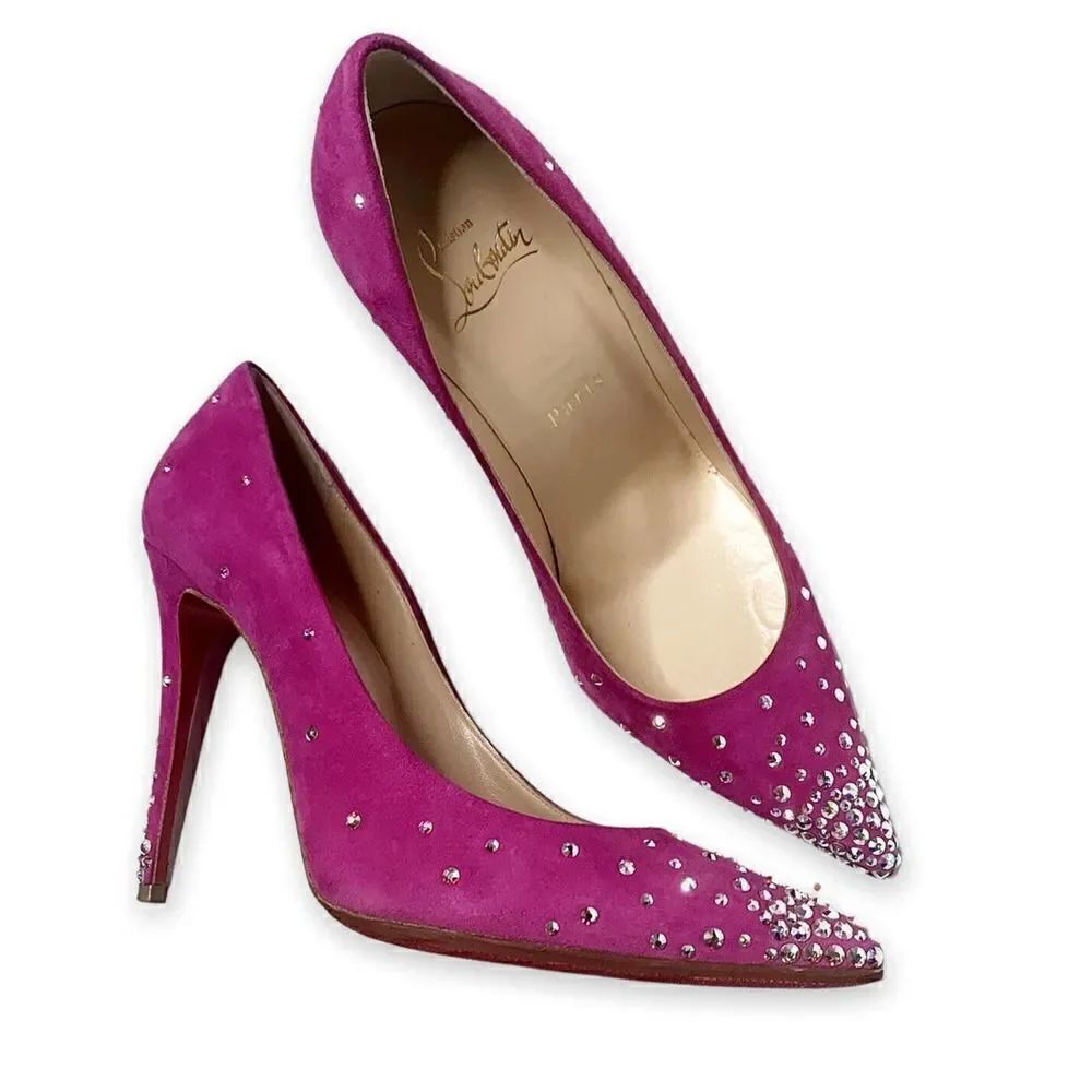 Christian Louboutin Pink Degrastrass 100 Suede/Stress Crystal Heel Pumps Size 37